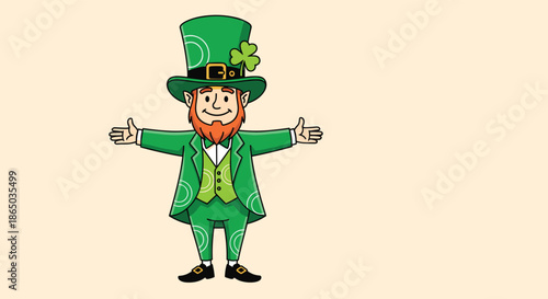 Cheerful cartoon leprechaun with a red beard in a green suit welcomingly holding his arms open, with ample copy space.