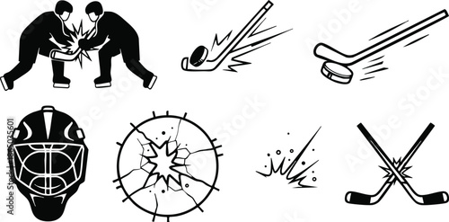 Minimalist vector hockey icon set close up crossed sticks impact puck goalie mask cracked glass motion lines bold black silhouette dynamic collision energy sport emblem center
