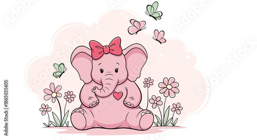 Sweet pink baby elephant with a red bow sitting among daisies and butterflies, creating a charming and cute nursery illustration.