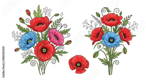 Beautiful hand-drawn bouquets of red, blue, and pink poppy flowers, illustrated in a charming and colorful vintage sketch style.