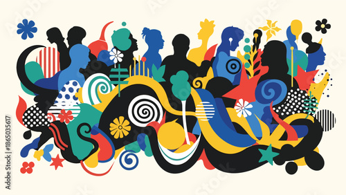 Urban mural vector illustration combining abstract human silhouettes with bold shapes and lines, graffiti-inspired street art style ideal for cultural posters, wallpapers, and creative branding visual