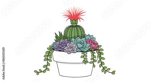 Colorful illustration of a beautiful succulent and cactus arrangement in a white pot, with a large blooming pink flower on top.