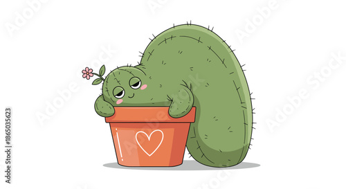 Adorable and funny cartoon cactus character with a sleepy expression hugging a cute plant pot with a heart on it.