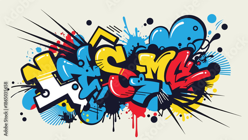 Modern graffiti-inspired mural vector with playful abstract elements, motion lines, splashes, and overlapping shapes on urban wall background, ideal for dynamic posters and wallpapers