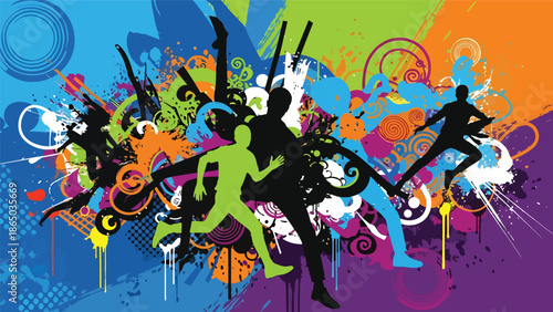 Urban mural vector illustration combining abstract human silhouettes with bold shapes and lines, graffiti-inspired street art style ideal for cultural posters, wallpapers, and creative branding visual