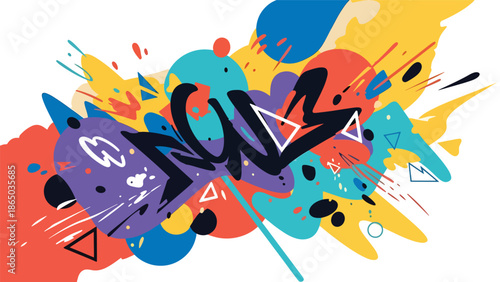 Modern graffiti-inspired mural vector with playful abstract elements, motion lines, splashes, and overlapping shapes on urban wall background, ideal for dynamic posters and wallpapers