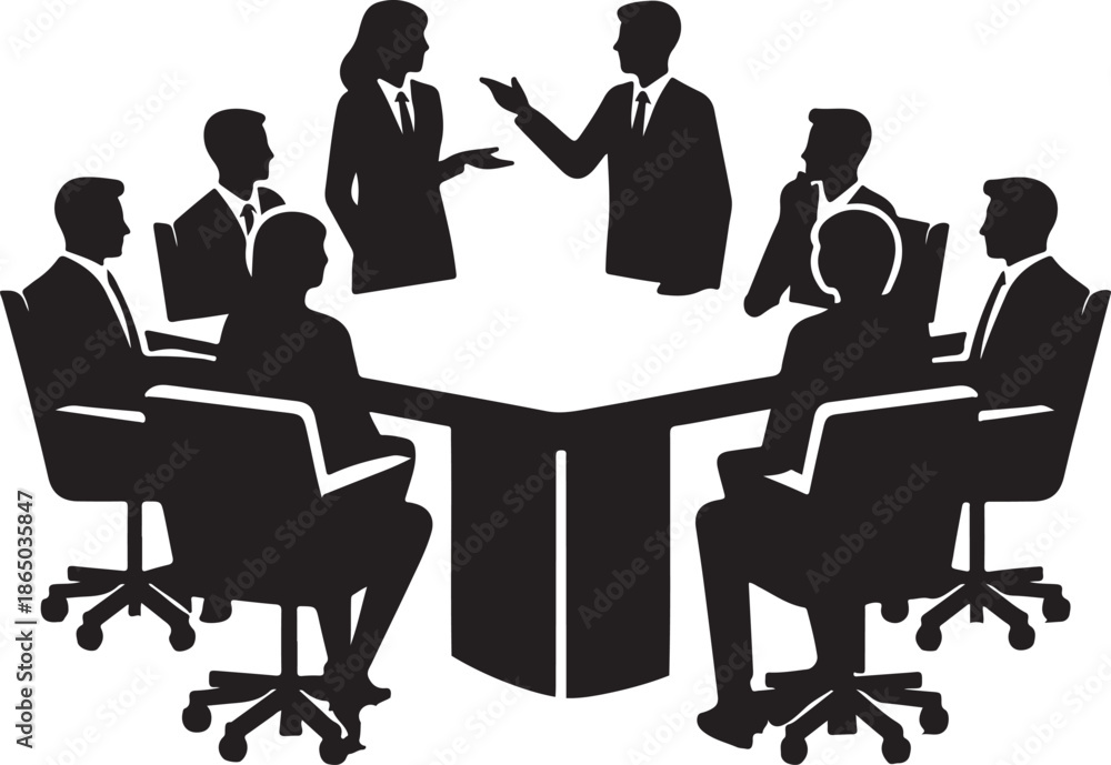 Fototapeta premium Silhouette illustration of a group of business professionals discussing around a conference table in a meeting or presentation.