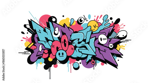 Modern graffiti-inspired mural vector with playful abstract elements, motion lines, splashes, and overlapping shapes on urban wall background, ideal for dynamic posters and wallpapers