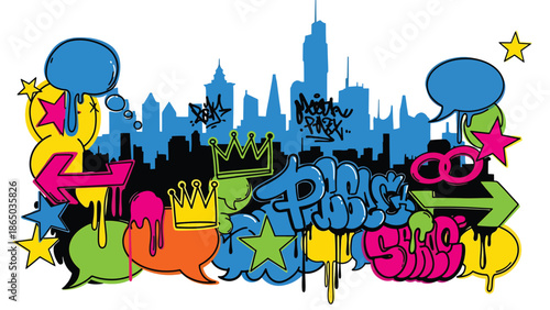 Street art inspired mural vector illustration with bold color blocking, hand-drawn outlines, abstract symbols, and layered depth, designed for scalable commercial backgrounds and posters