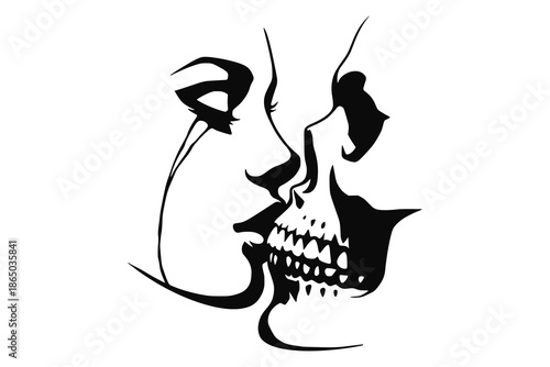 Abstract skull face illustration, human anatomy concept art, surreal portrait design, dark gothic style, black white minimal vector