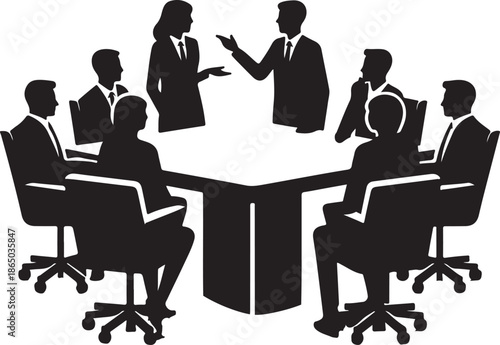 Silhouette illustration of a group of business professionals discussing around a conference table in a meeting or presentation.