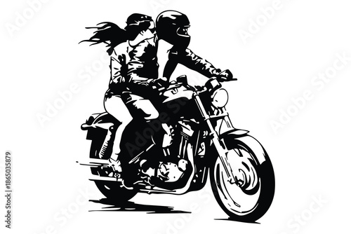 Biker couple riding motorcycle silhouette illustration, romantic adventure love concept, freedom journey, black white vector artwork design