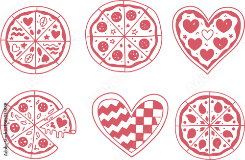 Hand drawn pizza slices and whole pizzas with different toppings like pepperoni and hearts for romantic food and fast food concepts.