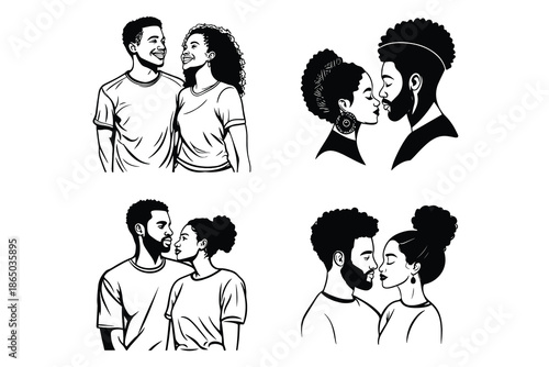 African american couple illustration set, romantic love portraits, black relationship drawings, diverse intimacy moments, hand drawn vector artwork
