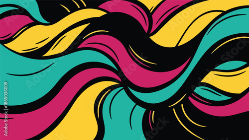 Urban mural vector artwork with flowing organic shapes and rhythmic movement across a stylized wall surface, graffiti-inspired flat design perfect for modern wallpapers and posters