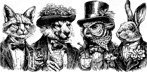 Cats, dog, rabbit, and owl in tuxedos with drinks. Vintage animal illustration features elegant details in a black and white vector set.