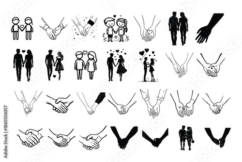 Love couple holding hands, romantic relationship icons, hand drawn silhouettes, wedding romance symbols, valentines day illustration set
