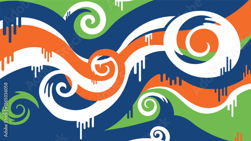 Urban mural vector artwork with flowing organic shapes and rhythmic movement across a stylized wall surface, graffiti-inspired flat design perfect for modern wallpapers and posters