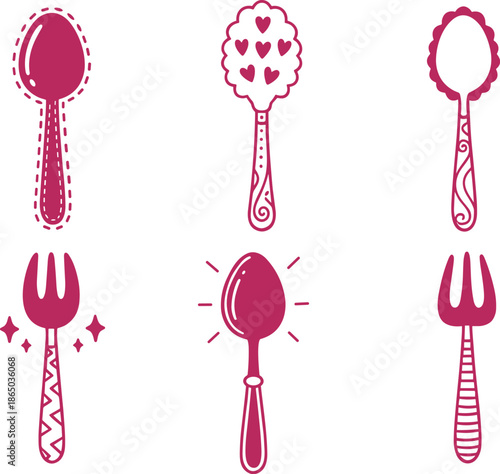 Creative hand drawn pink spoon and fork cutlery icons with decorative patterns hearts and sparkles for kitchen restaurant and food branding