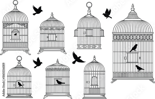 Birdcage silhouettes, flying birds, freedom and confinement, ornate cage design, symbolic art, black illustration, escape theme, vintage style, contrast concept