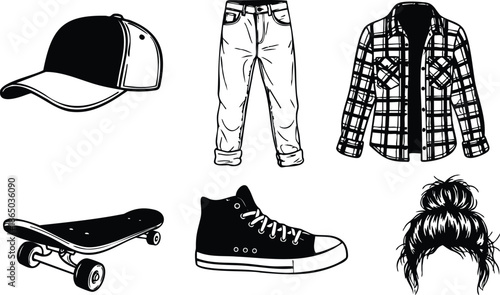 Line art flat design collection of casual streetwear icons cap cuffed jeans plaid flannel shirt skateboard high top sneaker messy bun hair top view isolated