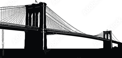 Brooklyn Bridge silhouette, New York landmark, suspension bridge art, architectural icon, black illustration, patriotic symbol, urban skyline, historic structure