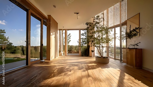 A serene indoor scene with a large tree, smooth wood flooring, and light tones in a modern minimalist apartment interior with expansive windows.