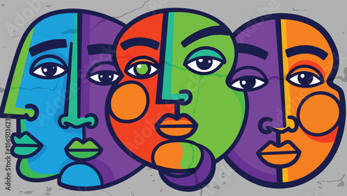 Graffiti-inspired urban mural vector illustration featuring abstract faces built from geometric shapes and bold lines, modern street art style ideal for posters and creative backgrounds