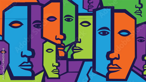 Graffiti-inspired urban mural vector illustration featuring abstract faces built from geometric shapes and bold lines, modern street art style ideal for posters and creative backgrounds