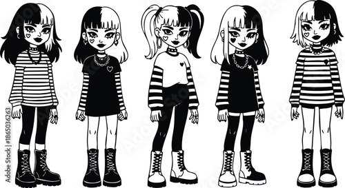 Line art punk girl character lineup five full body poses front view wearing striped shirts platform boots heart cheek detail bold outline monochrome alternative youth fashion