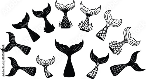 Minimalist vector mermaid tails set showing varied tail silhouettes and scales in radial arrangement black and white isolated icons for craft and branding apparel print