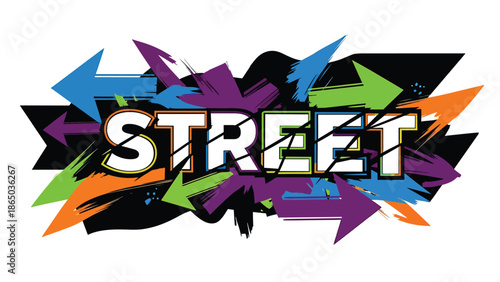 Urban graffiti-style mural vector illustration combining abstract typography-like shapes, arrows, and dynamic strokes, clean flat design suitable for branding, posters, and wallpapers