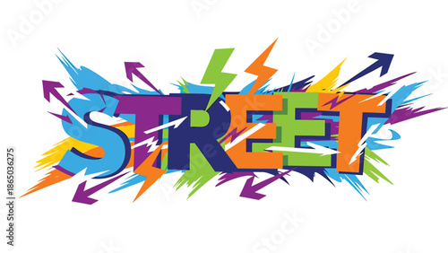 Urban graffiti-style mural vector illustration combining abstract typography-like shapes, arrows, and dynamic strokes, clean flat design suitable for branding, posters, and wallpapers