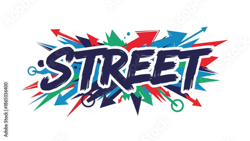 Urban graffiti-style mural vector illustration combining abstract typography-like shapes, arrows, and dynamic strokes, clean flat design suitable for branding, posters, and wallpapers