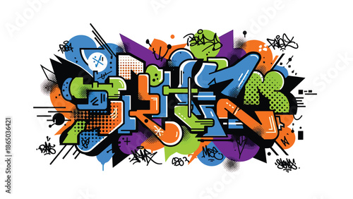 Modern urban mural vector illustration with layered abstract shapes, dots, lines, and storytelling elements, graffiti-inspired flat style ideal for posters, wallpapers, and creative layouts