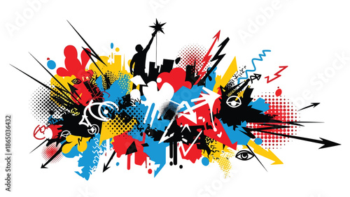 Modern urban mural vector illustration with layered abstract shapes, dots, lines, and storytelling elements, graffiti-inspired flat style ideal for posters, wallpapers, and creative layouts