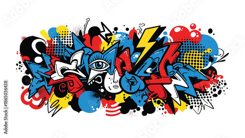 Modern urban mural vector illustration with layered abstract shapes, dots, lines, and storytelling elements, graffiti-inspired flat style ideal for posters, wallpapers, and creative layouts