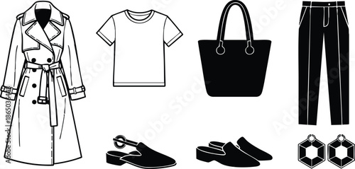 Minimalist vector fashion icons trench coat t shirt tote bag tailored pants sling mule loafers geometric earrings black white flat layout front view lineart studio