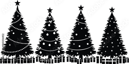 Christmas tree silhouette, festive decorations, holiday gift boxes, winter celebration, star topper, ornamented trees, seasonal garlands, Xmas spirit, wrapped presents