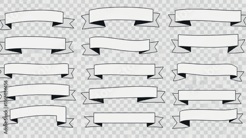 Dynamic assortment of vector blank ribbon banners, offering diverse designs and layouts for impactful text display, highlighting messages, and creative graphic compositions