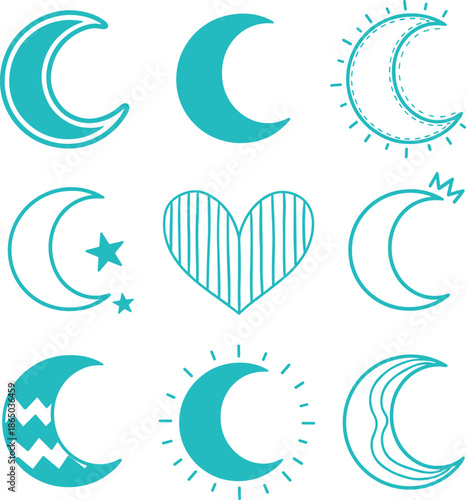 Collection of light blue hand drawn crescent moon icons with stars hearts and patterns for night time sleep dreams and celestial decoration