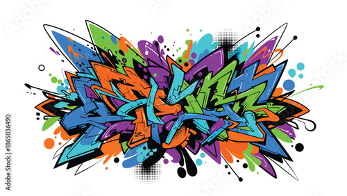 Modern urban mural vector illustration with layered abstract shapes, dots, lines, and storytelling elements, graffiti-inspired flat style ideal for posters, wallpapers, and creative layouts