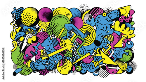 Modern urban mural vector illustration with layered abstract shapes, dots, lines, and storytelling elements, graffiti-inspired flat style ideal for posters, wallpapers, and creative layouts