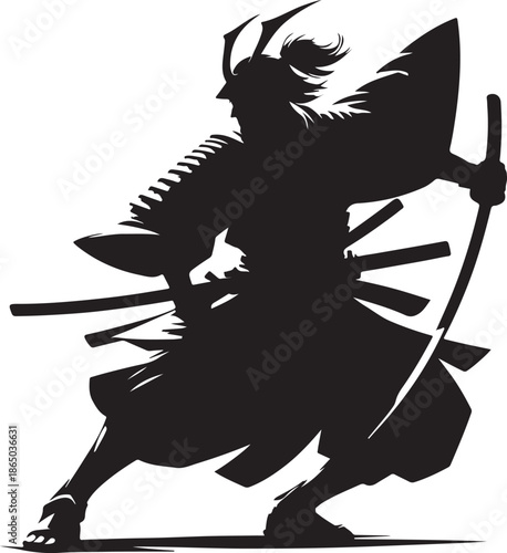 Dynamic silhouette of a samurai warrior, poised for battle with a katana, showcasing ancient Japanese martial arts and tradition.