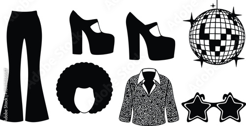 Retro 1970s flat design disco fashion icons bellbottom pants platform shoes afro wig glitter jacket star sunglasses mirror ball vector set high angle isolated black white
