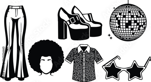 Retro seventies vector flat icons set showing disco ball bell bottom pants platform shoes afro star sunglasses patterned shirt in high contrast black