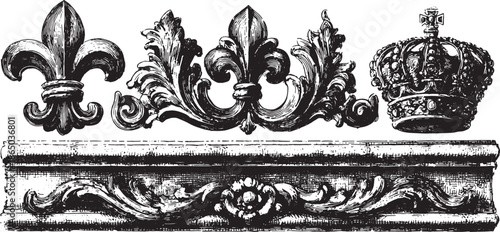 Vintage crown and fleur-de-lis decorative elements. Elaborate vector illustration with classic design details in a historical context.