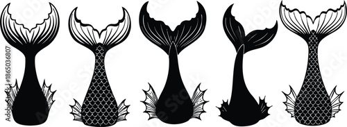 Line art mermaid tails collection five unique tail silhouettes with scale patterns close up vector set black and white decorative fins side view ornate edging isolated