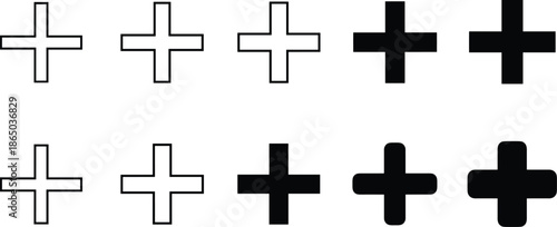 Set of black and white plus sign vector icons for add button medical cross mathematical addition and interface.
