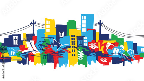 Urban mural vector artwork featuring expressive brush-like strokes, geometric accents, and rhythmic patterns on stylized wall background, graffiti-inspired flat design for modern creatives